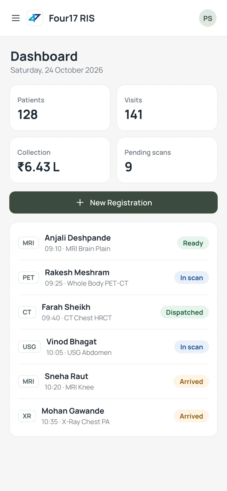 Four17 RIS dashboard on a phone with key numbers and the patient worklist