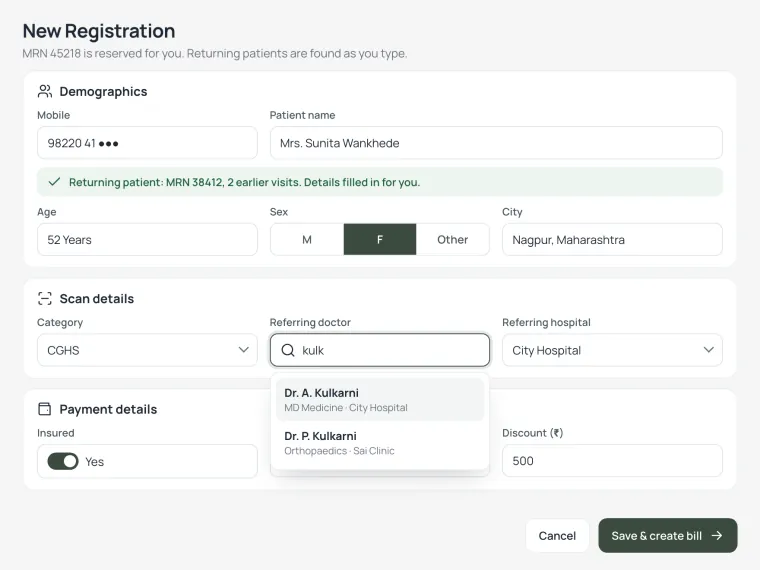 Four17 RIS new registration form recognising a returning patient and suggesting a referring doctor